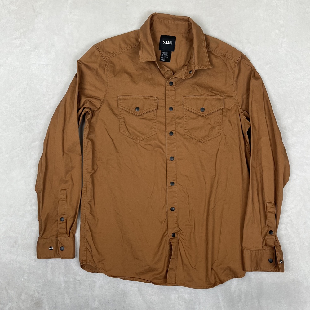 5.11 Tactical Shirt Mens Medium Brown Solid Twill Long Sleeve Snap Front Casual